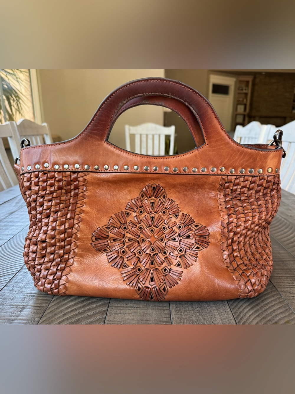 Handcrafted Brown Leather Woven Boho Mandala Shoulder Bag - Handbag - Purse - Picture 3 of 13
